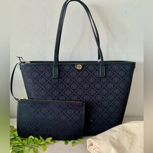 NWT TORY BURCH T MONOGRAM ZIP TOTE W/POUCH BLACK